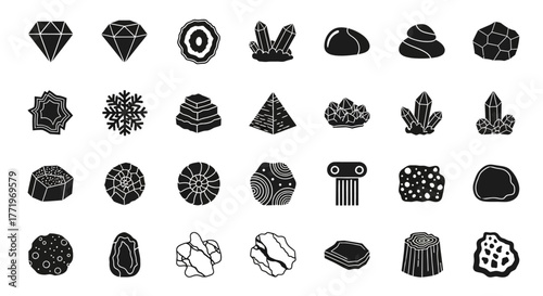 A diverse collection of solid black icons depicting geological minerals, precious gems, fossils, and ancient historical structures