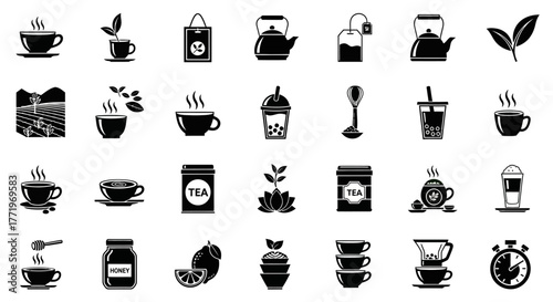 A versatile set of black glyph icons depicting tea culture and brewing. This vector collection includes symbols for teapots, cups, and drinks