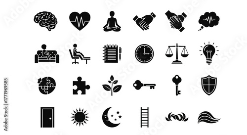 Visual metaphors for mental health and personal growth, representing core concepts of ingenuity, balance, and progress