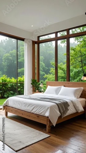 Interior bedroom with wooden bed, white linens, and view of lush green forest on rainy day outside large windows
