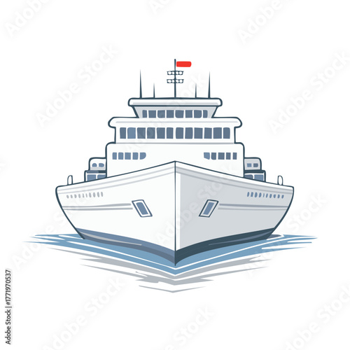 Majestic cruise ship or ocean liner sailing on the water, a stylized front view illustration
