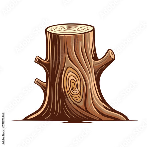 Detailed Tree Stump Illustration Featuring Growth Rings and Branch Stubs,  Nature and Forest Resource Depiction