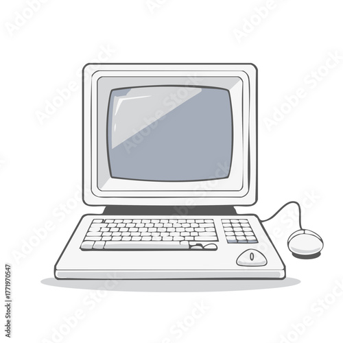 Vintage computer system illustration with old CRT monitor keyboard and wired mouse technology