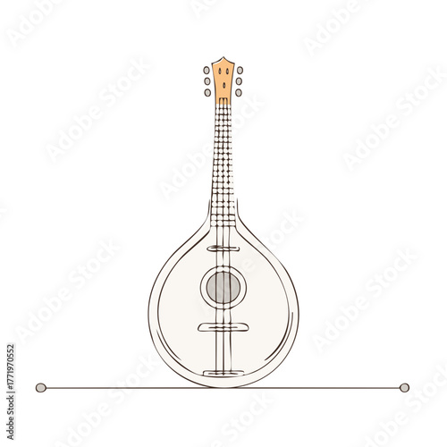 Minimalist continuous line art illustration of a classical Fado guitar musical instrument.