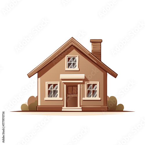 Cartoon house front view in brown tones with chimney, roof, windows, bushes, and front door