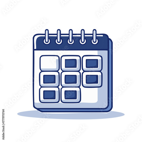 Hand-drawn calendar icon with blue squares for dates and spiral binding
