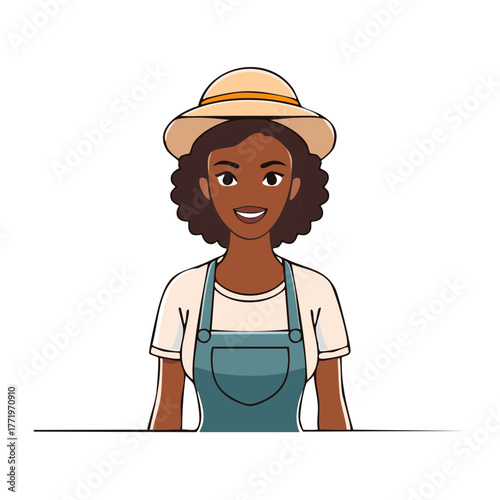 Smiling woman wearing a straw hat and denim overalls cartoon illustration
