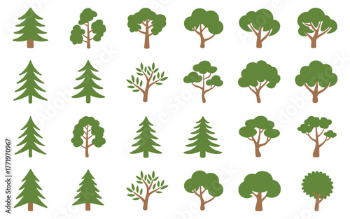 Stylized forest tree collection featuring diverse shapes and types, coniferous and broadleaf species, green foliage, brown trunks, perfect for nature, ecology, and environment graphics.