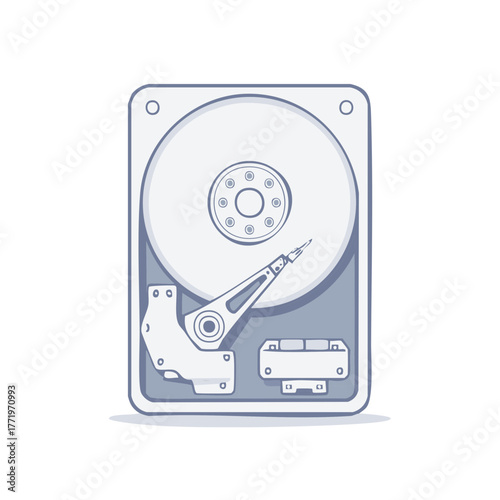Stylized illustration of an open hard disk drive with read write head and platter visible