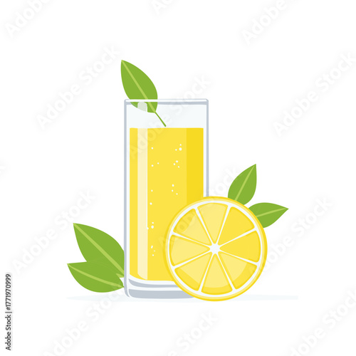 Refreshing glass of lemonade with a fresh lemon slice and green leaves vector illustration.