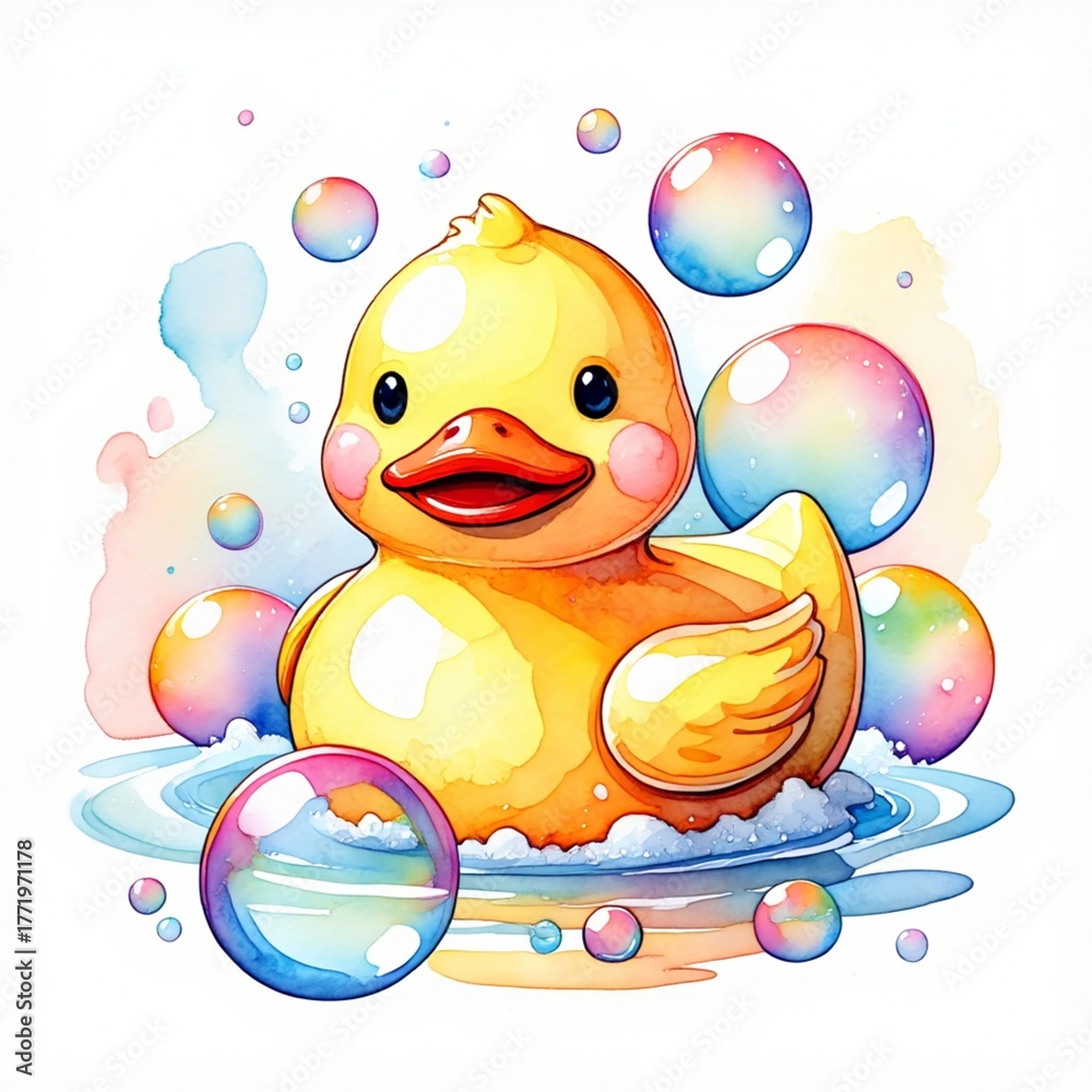 Fototapeta premium Cute Yellow Duck Surrounded By Soap Bubbles Watercolor Illustration