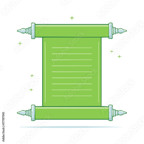 Unfurled green scroll with decorative finials and sparkling details, displaying lines for text or message