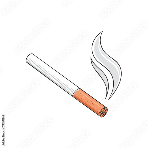 Single lit cigarette with white smoke rising against a white background, artistic illustration