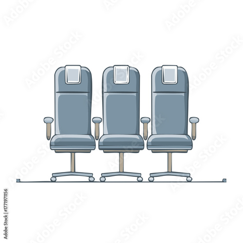 Three blue chairs with armrests and headrests in row, stylized illustration