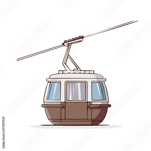 Cartoon cable car suspended on a wire against a white background in a traveling motion.
