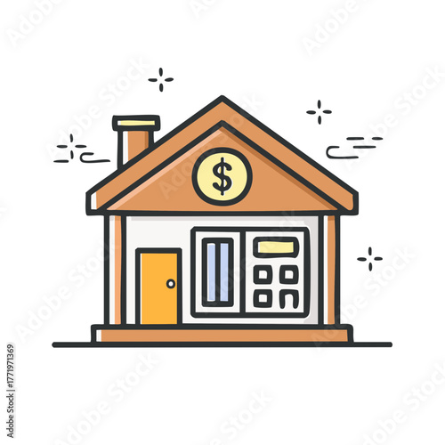 Cartoon illustration of a house icon with a dollar sign, representing finance and real estate.