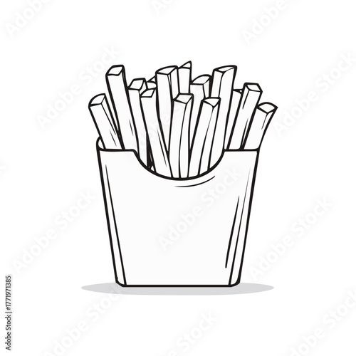 Outline drawing of classic french fries in a paper container a popular fast food snack or appetizer