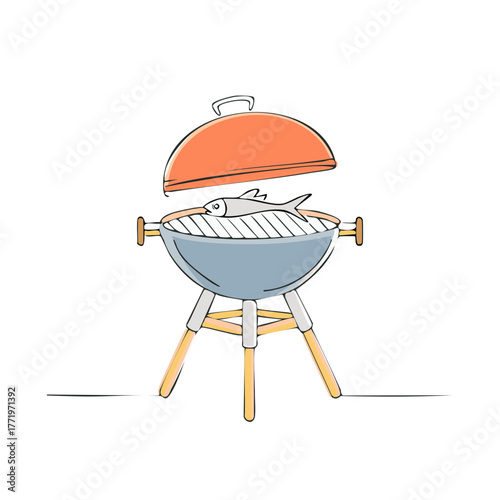 Illustration of a fish being grilled on a barbecue grill with an open lid.