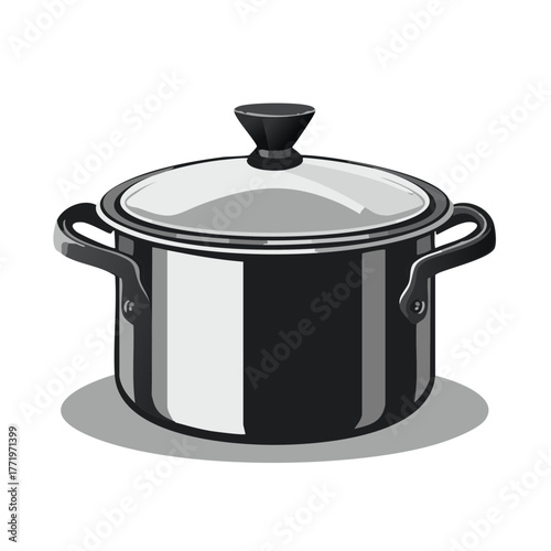 Black cooking pot with clear glass lid and silver handles on a white background