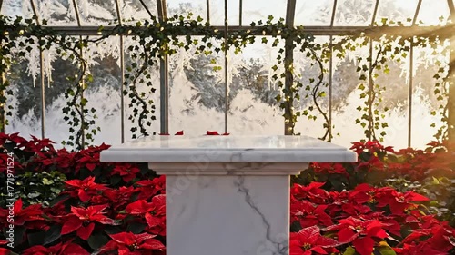 Winter greenhouse poinsettia display with frosted glass and ivy sunlit festive holiday floral arrangement Podium
