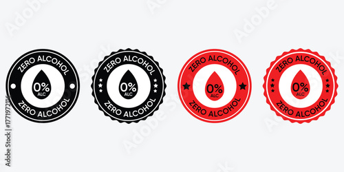 Zero Alcohol 0% ABV Product Label Set, Non-Alcoholic Beverage Sticker, Vector Stamp in Red and Black Circle Design, Sober Lifestyle Drink Icon