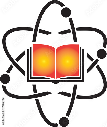 Open book with glowing pages surrounded by atomic orbits and electrons symbol light