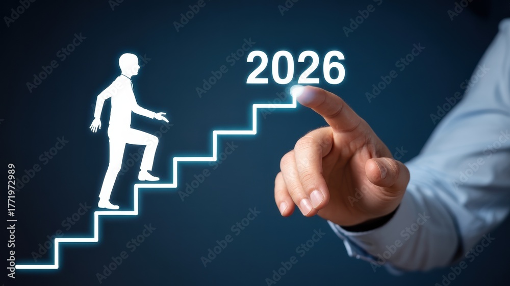 Fototapeta premium Man climbing stairs towards 2026 a concept for future goals career advancement and business strategy
