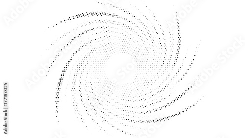Spiral halftone abstract background in black and white, dynamic rotating pattern with dots forming optical vortex, minimal geometric digital motion design