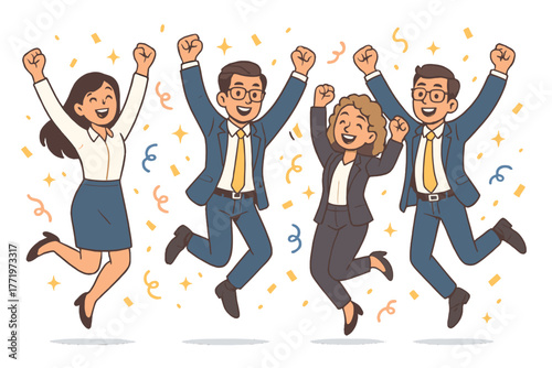 Four happy business people jumping in celebration with confetti, vector illustration.