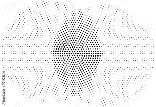 Dual black halftone circle pattern creating optical illusion, abstract geometric digital background with dynamic symmetry and minimal modern dotted design