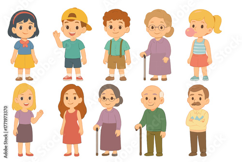 Diverse group of happy pixel art cartoon characters, including children, adults, and seniors, isolated on transparent background.