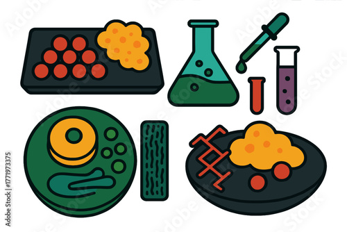 Science and Food Industry Vector Illustration with Laboratory Equipment and Cells