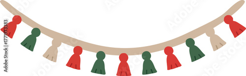 Colorful hanging tassel garland decoration with red green and beige tassels for festive occasions and celebrations 