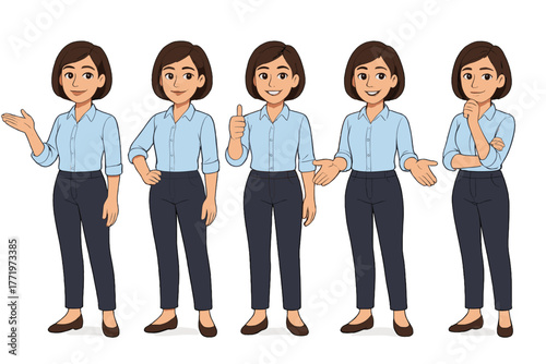 Professional woman in five different poses with various hand gestures, pixel art illustration