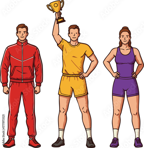 Group of athletes with male winner holding trophy and sportswear team members standing confidently