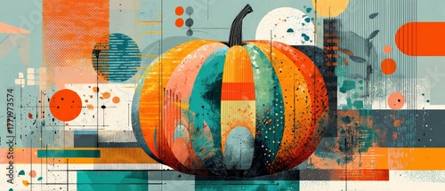 Abstract Pumpkin Art with Geometric Shapes in Teal, Orange, and White Modern Fall Harvest Design with Retro Style and Bold Colors for Autumn Season