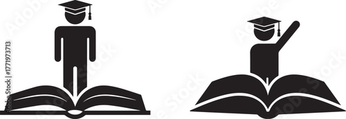 Two black graduation cap figures standing on open books one with arm raised education learning