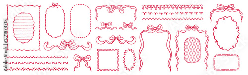 Frame with bow. Whimsical border with ribbon for menu, invitation. Vintage hand drawn coquette bow ribbon frame set. Whimsical line cute vector. French pink wavy doodle bg. Wedding, Christmas border