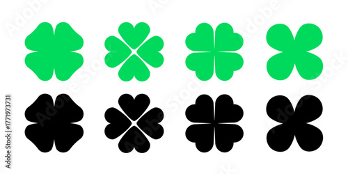 Clover four leaf vector shamrock icon. St Patrick luck clover good irish green heart flat shamrock isolated symbol