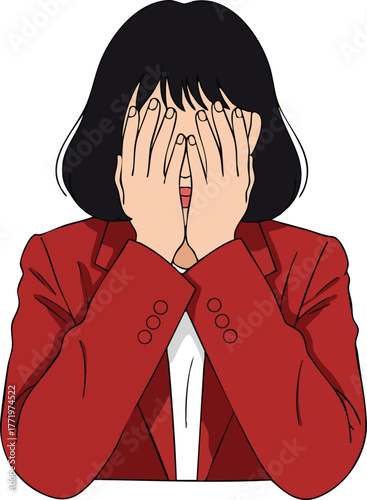 Woman covering face with hands wearing red jacket illustration expressing shyness or embarrassment vector art 