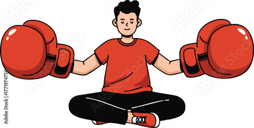 Boy meditating in lotus pose wearing large red boxing gloves and red shirt vector illustration 