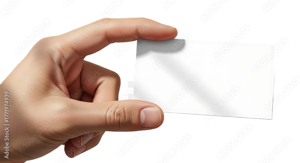 Obraz premium A hand holding a blank white card between the thumb and forefinger against a black background