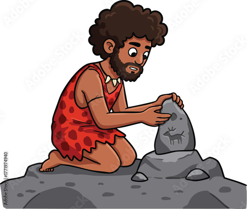 Caveman carving prehistoric rock art with animal figures on stone vector illustration digital drawing 