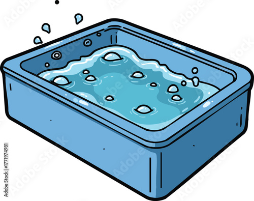 Blue rectangular water tank filled with splashing water vector illustration for industrial or household use 