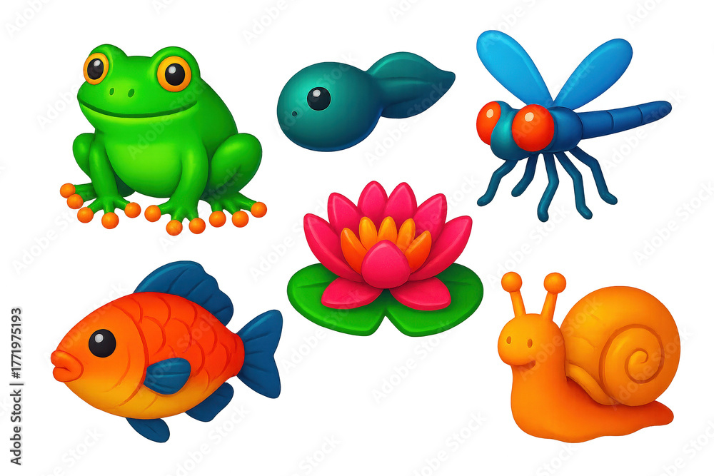 Obraz premium Vivid Aquatic Icons. 3D icon set of aquatic life: frog, tadpole, dragonfly, fish, water lily, snail. A set of 3D-style icons in a