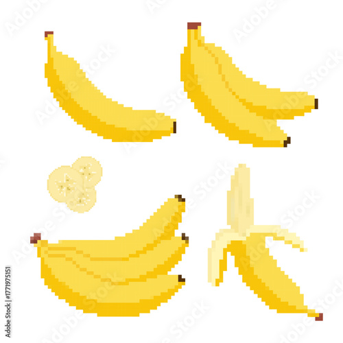 Pixel art bananas set peeled fruit slices bunch isolated on white background retro digital food design concept