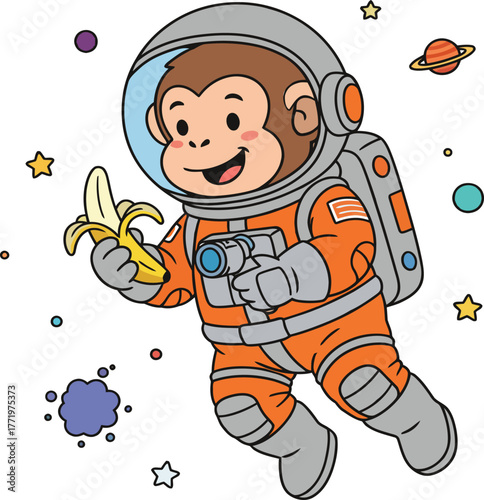 Astronaut monkey floating in space holding a banana and camera vector illustration