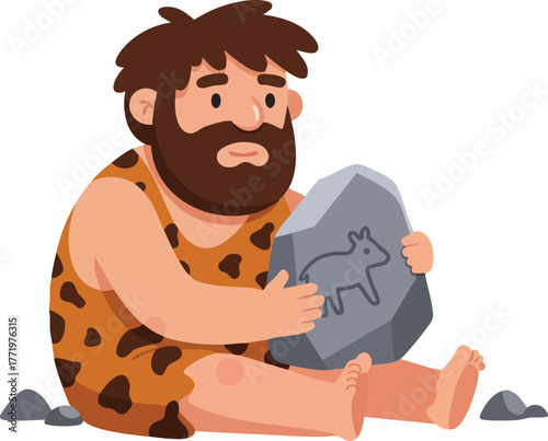Caveman holding stone with animal engraving prehistoric human character illustration vector 