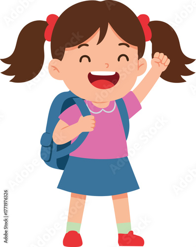 Happy little girl backpacker with pigtails raising arm in joyful pose vector illustration 