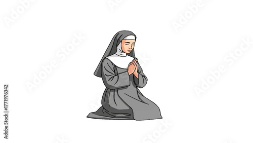 Asian Nun Kneeling in Prayer in Traditional Religious Attire